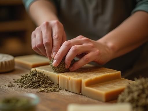 Close-up of hands crafting soap or natural ingredients