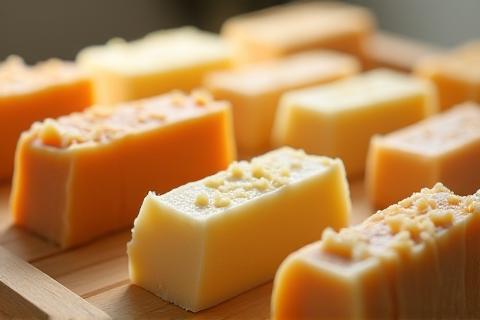 Handmade soap bars curing on a rack